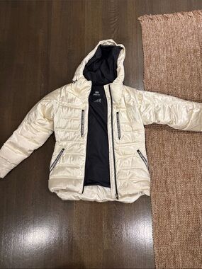 OLAY Cream and Black Quilted Puffer Jacket with Hood
